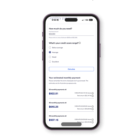 Roof financing calculator displayed on a phone